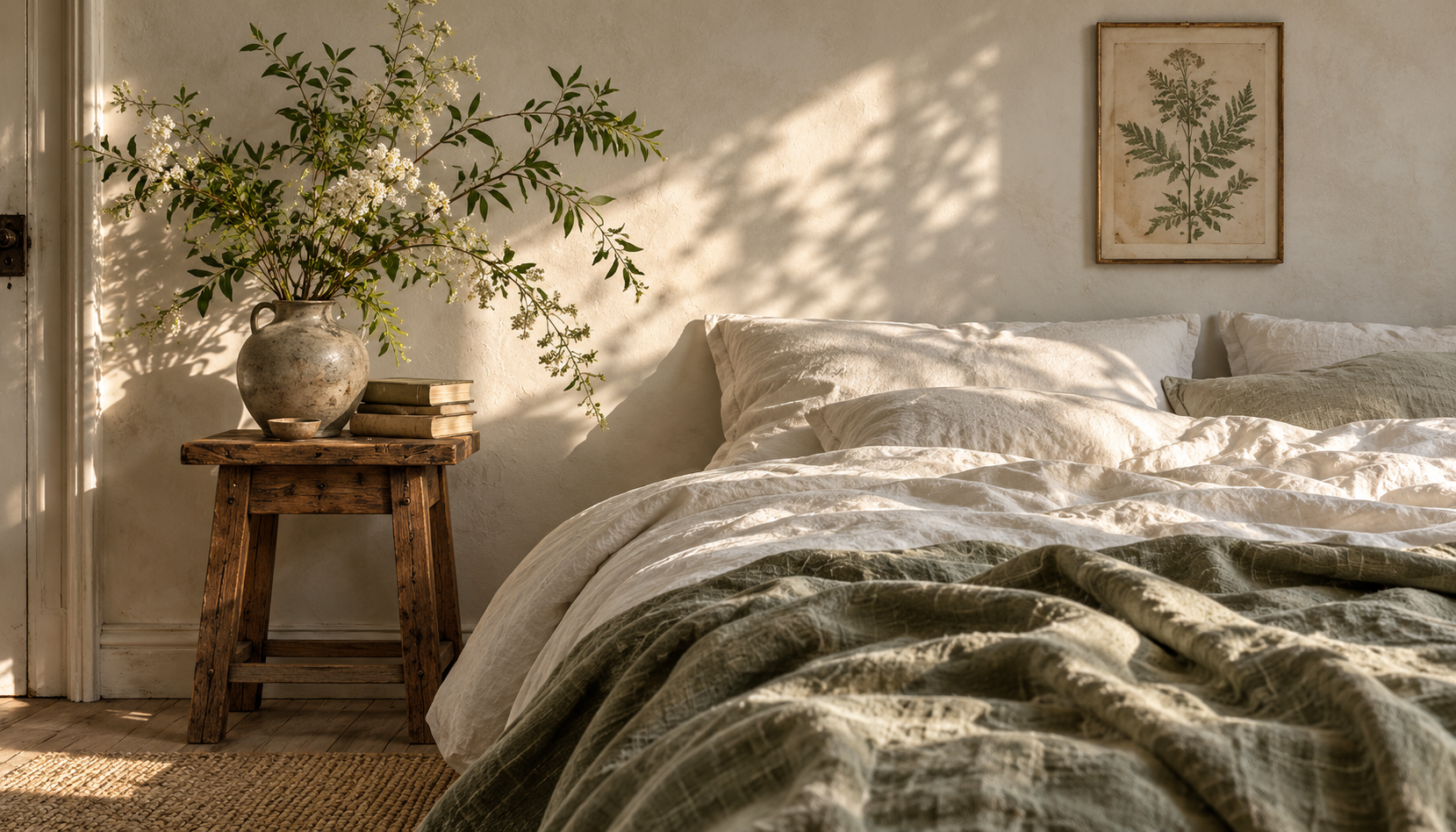 Cream linen bedding with an olive throw beside an oak table and leafy vase