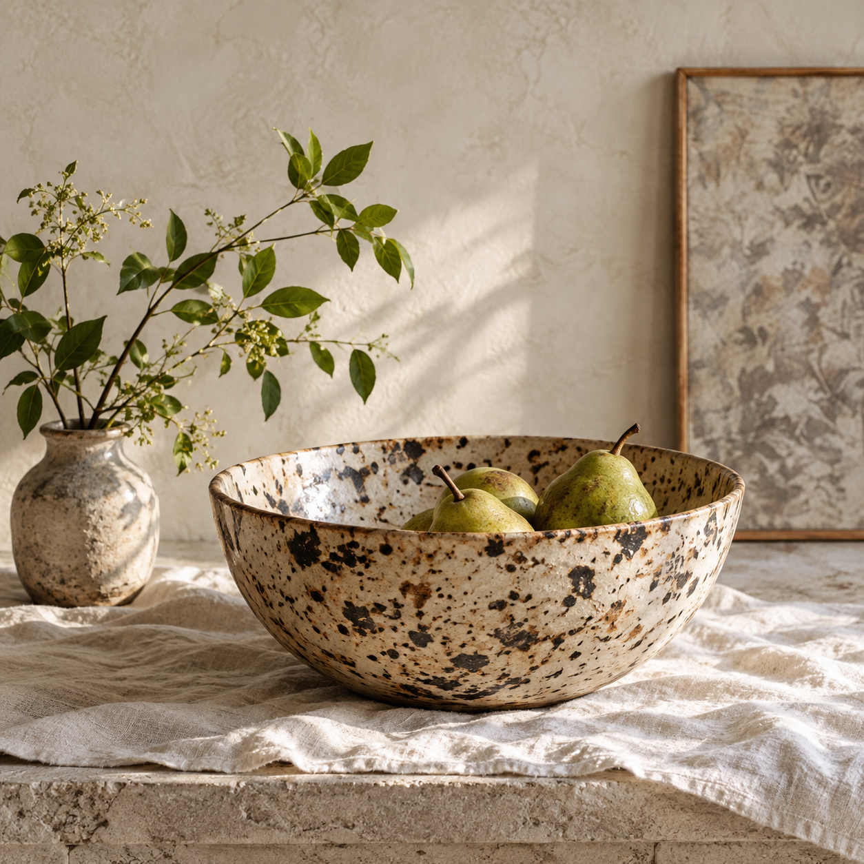 Speckled ceramic bowl holding green pears on natural linen