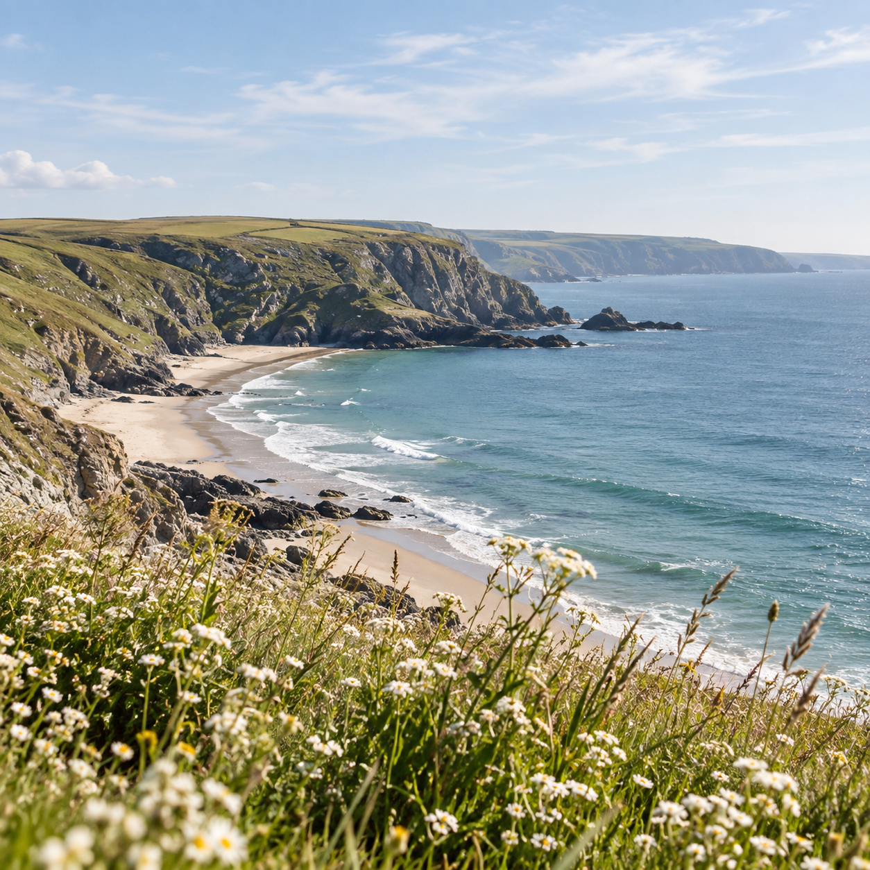 Wildflowers above a sandy coastal bay with grassy cliffs and blue sea