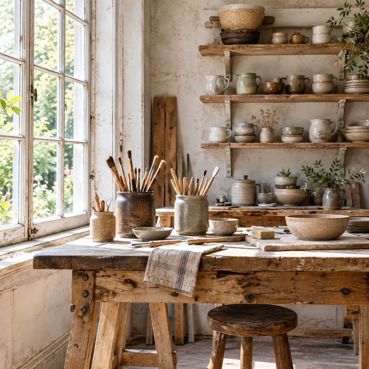 Pottery workshop with a sunlit wooden workbench, brushes and shelves of ceramics